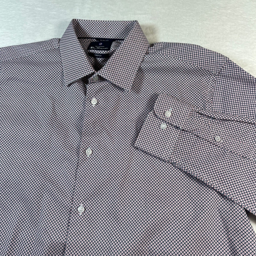 Ben Sherman Mens Slim Fit Stretch Geometric Print Button Down Shirt L 16.5 34/35